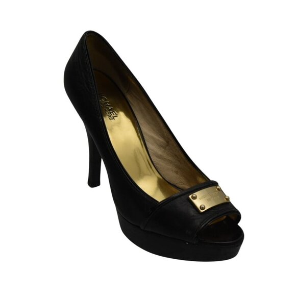 Michael Kors Peep Toe Platform High Heels Shoes 10 Black Leather Gold Logo Plate - Picture 1 of 6